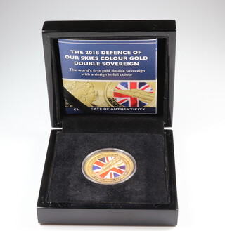 A 2018 Defence of Our Skies colour gold double sovereign, boxed and with certificate 