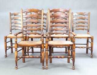 A set of 6 elm ladder back dining chairs with woven rush seats comprising 2 carvers 107cm h x 55cm w x 40cm d and 4 standard chairs 94cm h x 46cm w x 37cm d  