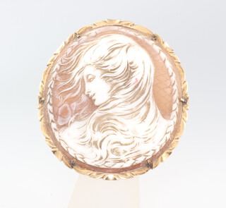 A carved cameo portrait brooch of a lady in a 9ct yellow gold mount 5.5cm x 5cm 