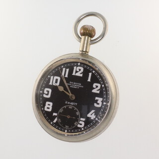 An Army issue metal cased pocket watch, the black dial inscribed 30 hour non luminous Mk 5, with seconds at 6 o'clock, contained in a 50mm case 