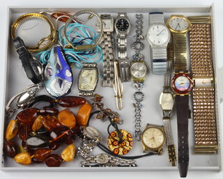 An amberoid necklace and minor fashion wristwatches 