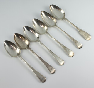 Three George III silver table spoons London 1808, 3 others, 370 grams 