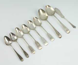 A Victorian silver dessert spoon rubbed marks, minor spoons and cutlery, 186 grams 