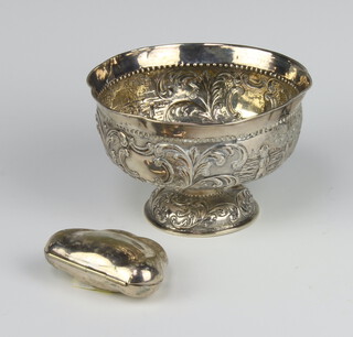 An Eastern white metal repousse pedestal bowl decorated with figures in landscapes 8cm, 100 grams together with a plated purse 