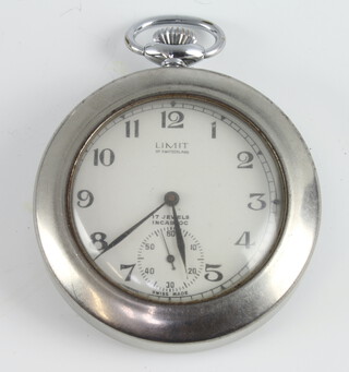 A vintage chromium cased Limit of Switzerland pocket watch with seconds at 6 o'clock, contained in an outer protective metal case 5cm