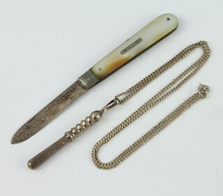 A silver pendant in the form of a truncheon on a ditto chain, London 1978, 14 grams together with a silver mother of pearl fruit knife 