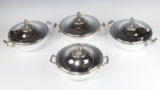 A matched set of 4 silver plated Christofle tureens and covers with pineapple finials, ribbon and bow decoration 30cm 