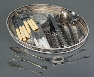 An oval silver plated galleried tray 39cm and minor cutlery 