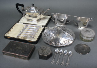 A silver plated 3 piece Art Deco tea set and minor plated wares