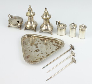 A Georgian style silver 3 piece condiment set Birmingham 1930, 100 grams and minor plated wares
