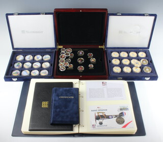 A cased set of 37 commemorative enamelled gilt Royal Air Force Centenary crowns, 12 ditto locomotive crowns, a cased set of gilt and enamel pre-decimal coins and a folder of 100 Years of Naval Aviation coin covers 