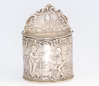 A 19th Century repousse silver Dutch candle box decorated with cavorting cherubs 4.5cm 