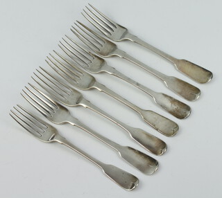 Three William IV silver fiddle pattern dessert forks Dublin 1831, 4 other, mixed dates 288 grams 

