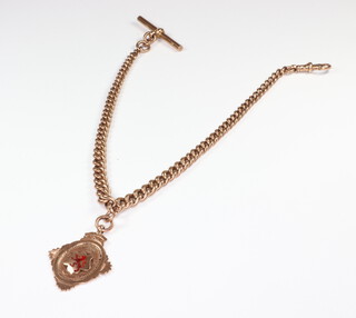 A 9ct yellow gold Albert with T bar and clasp and a ditto fob, 17.8 grams 