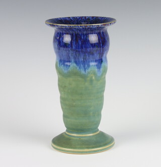 A Langley Art Deco ribbed tapered vase with slip glazed decoration 20cm 