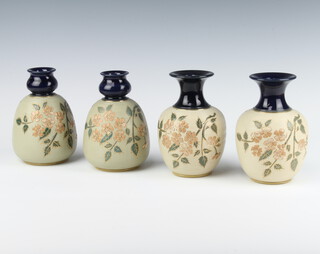 A pair of Langley ovoid vases with incised floral decoration 14cm, a similar pair with flared necks 14cm 