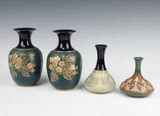 A Langley squat vase with geometric symbols 11cm, ditto 14cm and a pair of incised floral baluster vases 18cm 