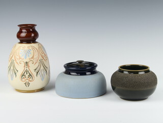A Langley oviform vase with geometric decoration 20cm, a ditto tobacco jar 9cm and a bowl 9cm 