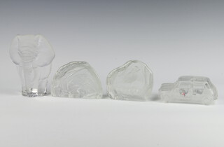 A Mats Johansson glass paperweight in the form of an elephant 14cm, 2 others of birds and 1 of a mini  