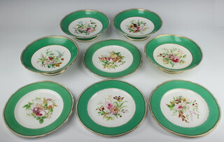 A Victorian Belleek dessert service with turquoise borders and floral sprays comprising 4 tazza (1 cracked) and 4 plates (1 cracked)  