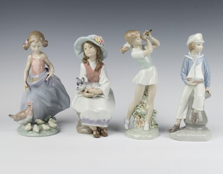 A Lladro figure of a seated girl with a dog on her lap 6400 22cm, ditto of a boy sailor sitting on a capstan 22cm, ditto girl with chicken and chicks 6577 23cm and a figure of a lady golfer by Nao 24cm   