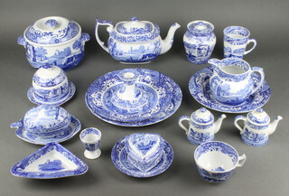 An extensive Spode Italian tea, coffee and dinner service comprising 5 coffee mugs, 4 tapered coffee mugs, 8 tea cups, 8 saucers, 12 small plates, 6 dessert bowls, 8 soup bowls, a pair of baluster condiments, a pair of watering can condiments, a pair of ovoid condiments, a honey pot and cover, sauceboat, milk jug, cream jug, sugar bowl (no lid), large mug, 2 deep salad bowls, 2 rectangular bowls, a 2 division dish, an egg shaped box and cover, a rectangular dish, 2 square bowls, square plate, an oval plate, an octagonal plate, a pie dish, 6 small bowls, a pair of candlesticks, a lidded sugar pot, bowl and cover, 8 egg cups, a milk jug, a shaped dish, 4 square dishes, a hexagonal dish, 4 triangular dishes, a jar and cover, 8 large soup bowls, 12 medium plates, 13 dinner plates, a serving plate, 2 circular bowls, a rectangular bowl, 2 flan dishes, salad bowl, 2 plates, 4 side dishes, 3 jugs, a meat plate, vegetable dish, a heart shaped box, 3 dishes, a deep bowl, 2 shallow bowls, 2 fruit bowls, 12 medium dishes, 3 fruit bowls, a giant tea cup and saucer, plate stand, jardiniere, 3 lidded tureens, a biscuit barrel and cover, vase, large jug, spill vase, 4 ramekins, 5 circular dishes, a vegetable dish, bowl, lidded jar and cover, circular box and cover, 2 serving dishes, a butter dish and cover, teapot and cover and stand, teapot stand, oval serving dish