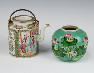 A Chinese turquoise ground ginger jar decorated with birds amongst flowers 10cm (no lid), an early 20th Century famille rose circular teapot and cover (stuck spout) 13cm 