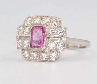 An 18ct white gold Art Deco style pink sapphire and brilliant cut diamond ring 5.2 grams, size M 