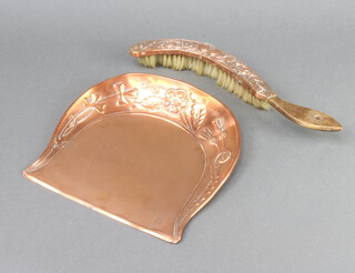 Joseph Sankey and Sankey, a crescent shaped embossed copper crumb tray decorated clovers and thistles complete with brush 24cm x 25cm  