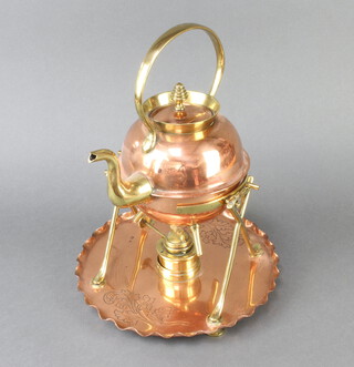 A Soutter's Patent Art Nouveau copper and brass tea kettle complete with stand and burner 31cm h x 26cm 