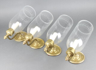 A set of 4 Regency style gilt metal electric wall light brackets with etched glass shades 34cm h