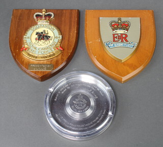 An ashtray formed from a Rolls Royce Merlin engine piston with Winston Churchill quote and 2 RAF wooden plaques - Queens Flight and 414 Squadron 
