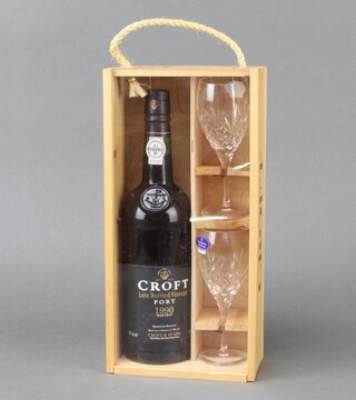A 70cl bottle of 1990 Croft late bottled vintage port, contained in a wooden box with 2 Royal Doulton glasses 