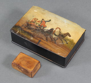 A 19th/20th Century Russian lacquered trinket box the hinged lid decorated racing horse and cart with figures 5cm x 17cm x 12cm, some damage to the lid together with a small snuff box 3cm x 5cm x 4cm 