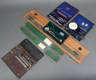 A Stanley straight edge 62cm cased, an A.W. Faber Castell V98 slide rule boxed, a Faber Castell 57/92 ditto, a Miller's geometry set cased, a ditto A G Thornton Ltd ditto cased, a precision instrument by A Clarkson cased and 1 other precision instrument 