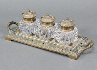 A Victorian glass and pierced brass 3 bottle ink stand 10cm x 31cm x 13cm 