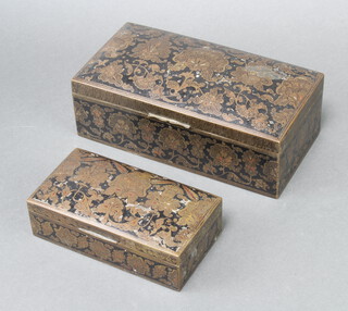 A rectangular Eastern cigarette box with hinged lid 5cm x 6cm x 8cm, ditto cigar box 7cm x 23cm x 12cm 