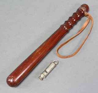 J Hudson and Co. Birmingham, a Police style whistle marked 1915 together with a turned wooden Police truncheon 