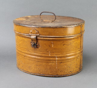 A 19th Century oval pressed metal hat box with hinged lid 25cm h x 38cm x 30cm 