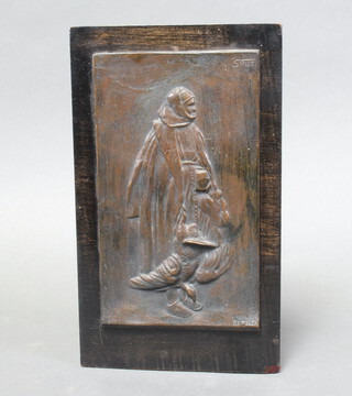 Rudolf Betzler Split, a rectangular bronze plaque of a standing lady with game bird mounted on an ebonised plaque 29cm x 18cm, signed Betzler Split 
