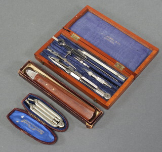 A Stanley pair of polished metal folding compassses, a Richardson patent marker boxed, a J A Nicholl & Company pair of compasses cased  
