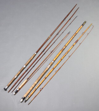 A Scottie featherweight 7' 6" twin section fly fishing rod, a 3 section bamboo boat rod and a 3 section boat rod (f), all in cloth bags 