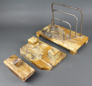 An Art Deco onyx 3 piece desk set comprising blotter 8cm x 17cm x 7cm, a 2 bottle inkwell with pen tray 6cm x 25cm x 17cm and an onyx and chrome 4 bar letter rack 22cm x 32cm x 18cm 