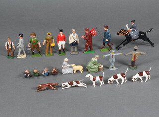 A Britain's figure of a lady riding side saddle, various hounds, a Huntsman, shepherd and other Britains figures 