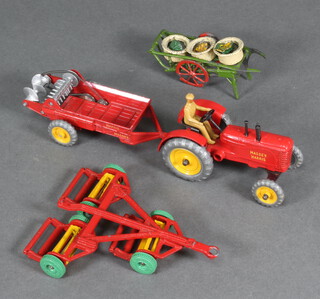 A Britain's Costermonger's cart and 3 baskets of vegetables, a Meccano model gang mower, a Dinky Massey Ferguson tractor and a Dinky model Massey Harris manure spreader 