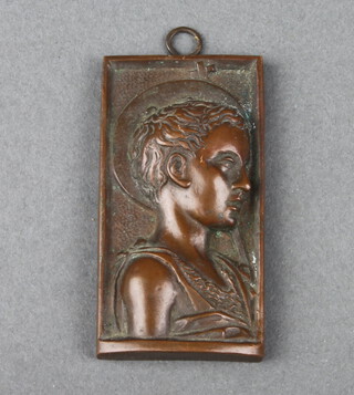 A rectangular bronze plaque decorated a head and shoulders portrait of a Saint 6cm x 3.5cm 
