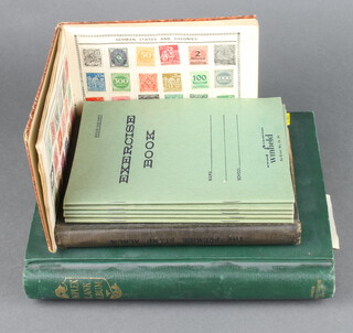 A green Simplex album of used GB and World stamps including South Africa, New Zealand, Netherlands, Italy, France, Eire, Australia, a black premier album containing a small collection of world stamps, brown album of world stamps and 5 exercise books of world stamps