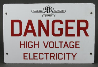A Southern Electricity Board enamelled sign - Danger High Voltage Electricity 23cm h x 34cm w 
