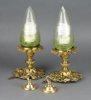 A pair of gilt metal and cut green glass light fittings with cut green glass shades 34cm x 16cm 