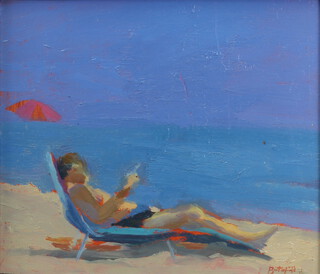 **Sarah Butterfield born 1953, oil on board signed, figure on the beach, with Cadogan Contemporary label on verso, 14cm x 17cm **PLEASE NOTE - Works by this artist may be subject to Artist's Resale Rights